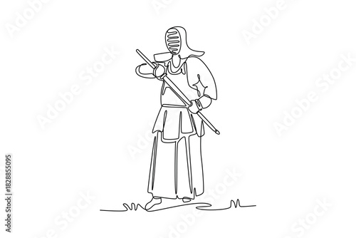 Single one line drawing man Kendo athlete is standing in formal guard stance with bamboo sword (shinai), illustrating discipline and readiness. Continuous line draw design graphic vector illustration
