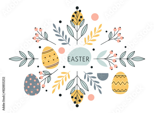 Easter greeting card illustration with decorated eggs, stylized leaves, and berries in a modern scandinavian style composition with a festive holiday mood