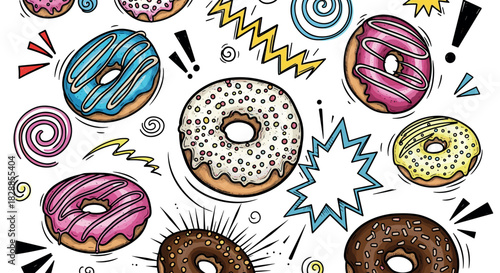 Colorful glazed donuts with sprinkles and icing in a fun pop art comic book style illustration with energetic graphic elements like swirls, zigzags, and exclamation marks