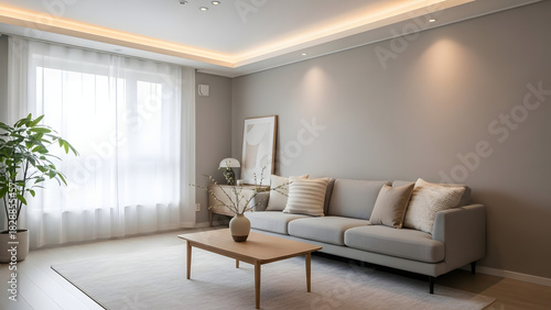 Scandinavian modern living room interior featuring a light gray sofa, wooden armchair, soft cushions, and large window lighting. Cozy and stylish atmosphere for lifestyle, home decor, and real estate