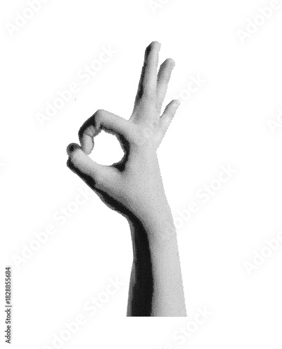 Halftone hands collection. Halftone hands show different gestures, okay, thumb up. Stylish halftone collage design elements. Hand gestures in pop art style 4..eps
