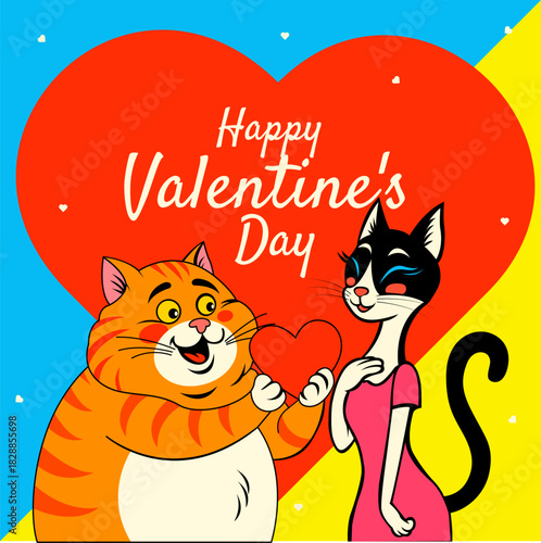 A cheerful orange cat offers a heart to a shy black-and-white cat against a big red heart backdrop. Bright colors and cute expressions create a fun and romantic Valentine’s Day illustration