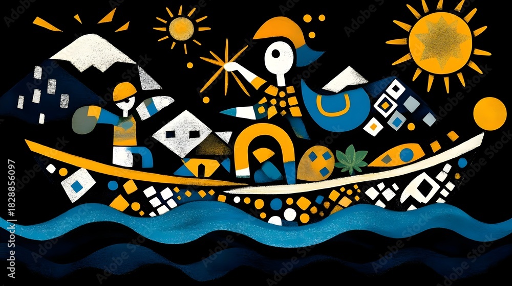 Fototapeta premium Cultural celebration on a colorful boat tranquil waters artistic illustration vibrant environment