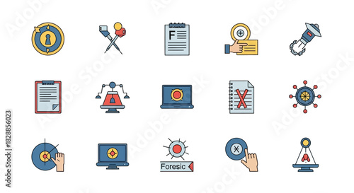 Collection of Business and Finance Icons Representing Security and Analysis.