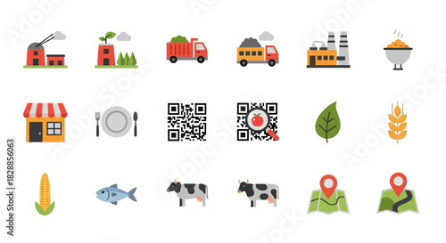 Collection of Icons Representing Agriculture and Food Industry.