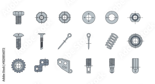 Collection of Mechanical Engineering Components and Fasteners Blueprint Drawings.