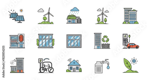 Eco-Friendly and Sustainable Living Icons - Renewable Energy, Green Buildings, and Environmental Solutions.