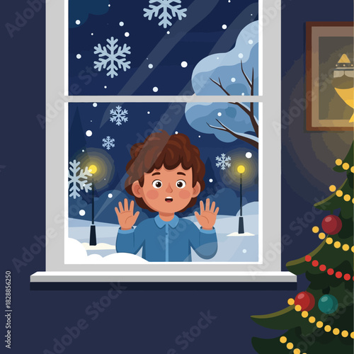 Excited boy looking at snowfall with Christmas tree in a cozy room