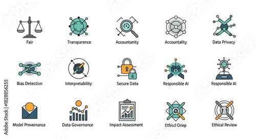 Ethical AI Concepts Icons Set.