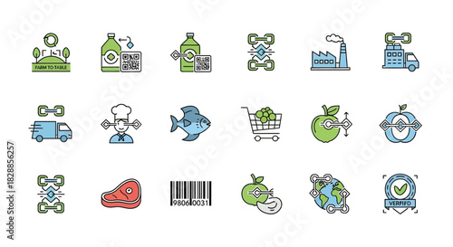 Food Industry Icons Set Representing Production and Quality.