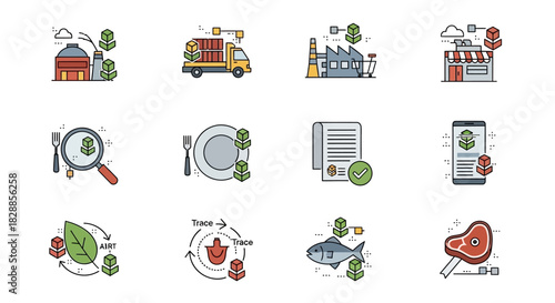 Food Industry Icons Set Agriculture Logistics Manufacturing Retail and Technology.