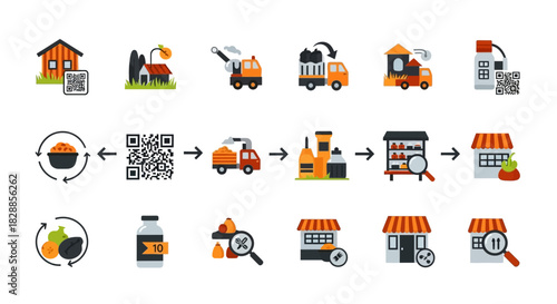 Food Supply Chain and Traceability Icon Set with QR Code.
