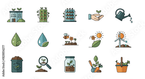 Gardening and agriculture icons for sustainable living and environment.