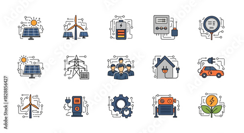 Set of Icons Representing Renewable Energy and Sustainable Technology Solutions.