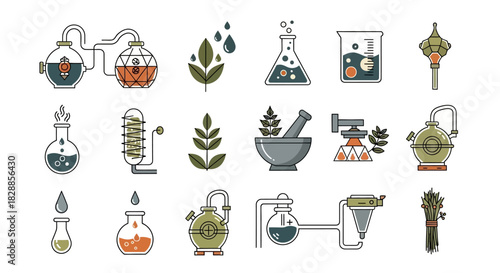 Set of Hand Drawn Alchemy and Herbalism Science Icons.
