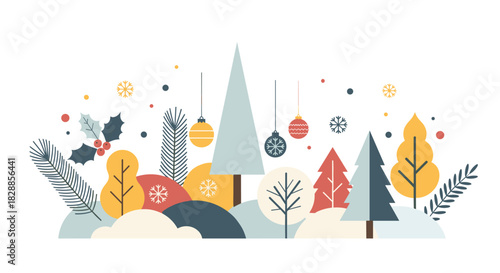 Christmas winter landscape illustration with stylized trees, hanging ornaments, snowflakes, and holly in a modern flat design style for a festive holiday greeting