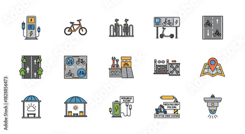 Set of various eco-friendly transportation and urban infrastructure icons.