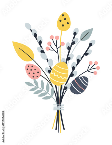 Festive easter bouquet illustration with decorated eggs, pussy willow branches, and spring foliage tied together in a charming flat design style for a happy holiday celebration