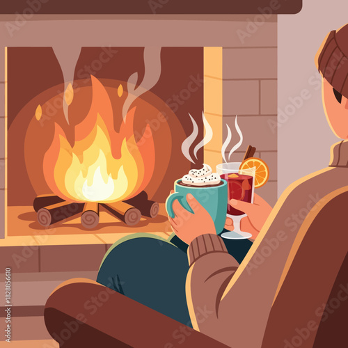 Relaxing by a cozy fireplace with hot cocoa and mulled wine delight