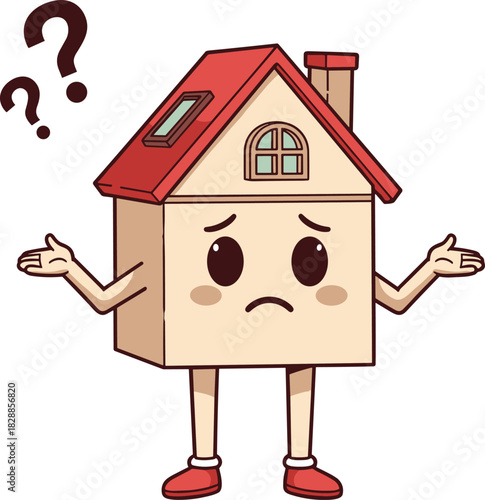 Confused cartoon house character, red roof, chimney, shrugging arms, question marks, uncertainty emotion, real estate concept, home maintenance dilemma