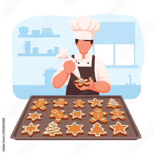 Cheerful chef decorating gingerbread cookies with icing for the holidays