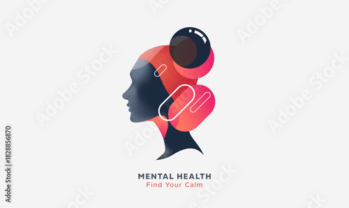 Mental Health Awareness: Woman silhouette, orange-pink gradient colors. Concept of calm, depression, anxiety, treatment, mental healthcare. Vector illustration for banners. Find Your Calm. Therapy