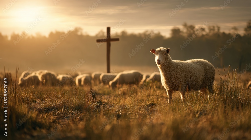 Fototapeta premium A sheep stands in a golden field surrounded by a flock. The sun sets softly in the background illuminating the rural landscape and a wooden cross nearby.