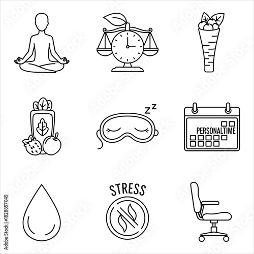 Wellness, self-care, healthy lifestyle, work balance line icon set isolated on white background, Vector
