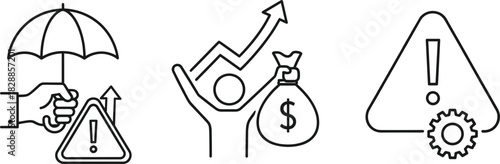 Financial risk management and investment success line icon set featuring insurance protection (umbrella), high profit growth, and critical warning signals with technical settings for business strategy