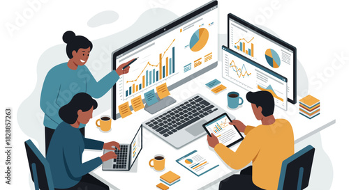 Team Analyzing Data on Computers and Tablets.