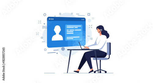 Woman Working at Desk with Laptop and Headset.