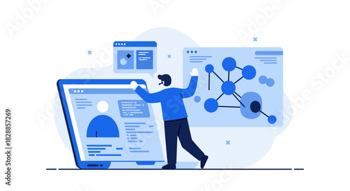 Man Interacting with Laptop and Data Visualization.