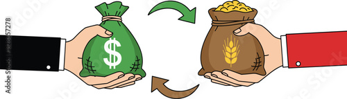Economic exchange, trade concept, money for goods, agriculture transaction, financial deal, business barter, grain sack, dollar bag, commercial swap, farming economy