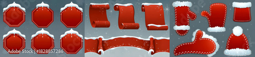 A christmas themed image featuring red banners, mitten shapes, and snow covered decorative shapes