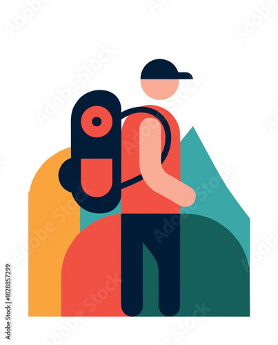 Hiker with a large backpack and cap is depicted in a minimalist flat design vector illustration, trekking through a colorful, abstract mountain range
