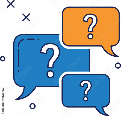 Multiple overlapping speech bubble icons with question marks, representing communication, asking for help, frequently asked questions (FAQ), support, confusion, and customer service flat vector illust