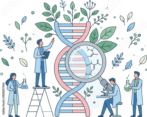 Genetic research, DNA analysis, molecular biology, biotechnology, scientists working, microscope, plant genetics, laboratory experiment, genome study, scientific discovery