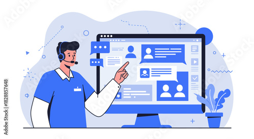 Customer Service Representative Pointing at Computer Screen.