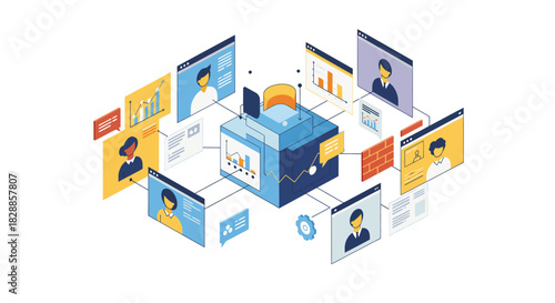 Isometric Illustration of a Central Data Hub.