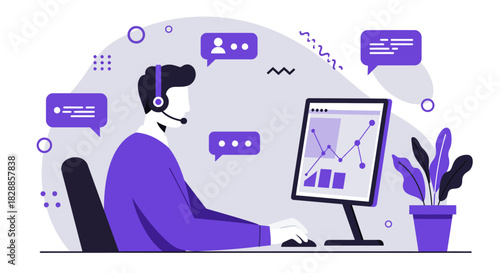 Customer Service Representative Working on Computer with Headset.