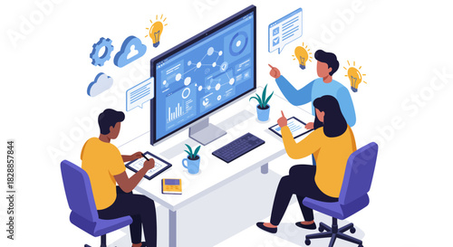 Team Analyzing Data on Computer Monitor Together.