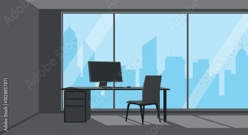 Modern luxury office interior design with empty chairs, 3D furniture, screen, wall, and window