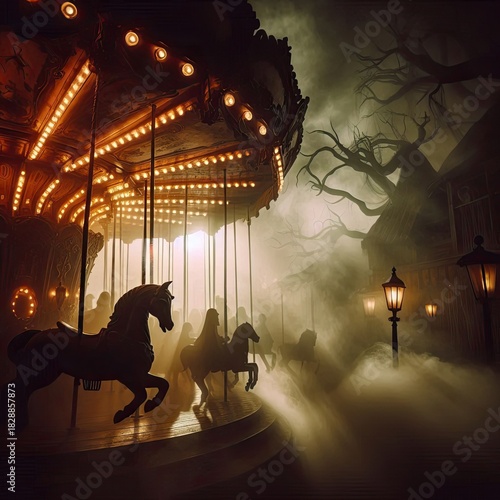 A haunting dark carnival scene with a shadowy carousel, eerie atmosphere, vintage textures, and cinematic horror mood for dramatic storytelling visuals.