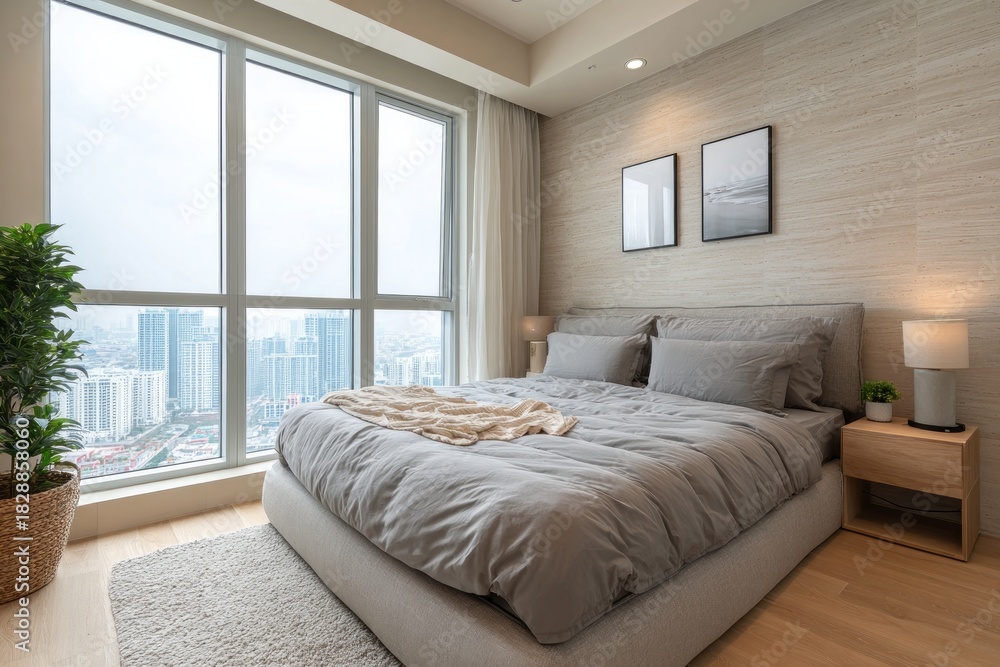 Fototapeta premium Modern bedroom with city view and large window.