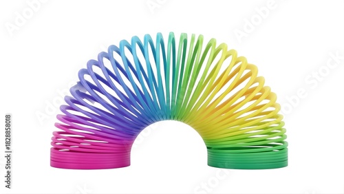 A vibrant rainbowcolored slinky toy, stretched into an arch shape, isolated on white background