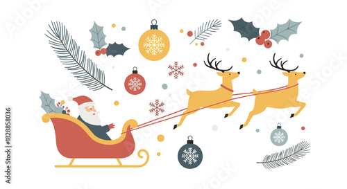 Festive collection of christmas holiday illustrations featuring santa claus in a sleigh with reindeer, ornaments, holly, and snowflakes in a flat, modern vector style