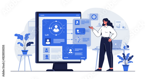 Woman Presenting Data on Computer Screen Illustration.