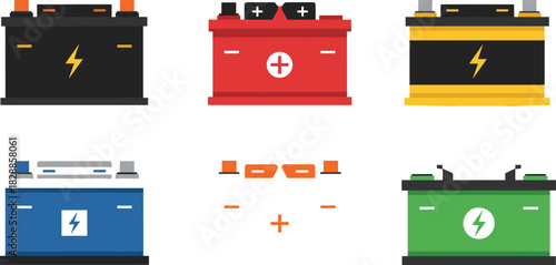 Collection of six colorful car battery icons representing automotive power, energy storage, and electrical maintenance, featuring flat design and lightning bolt symbols for charge.