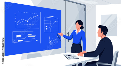 Business Presentation with Charts on a Blue Screen.