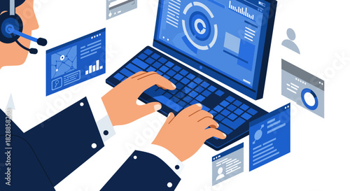 Customer Service Representative Working on Laptop with Data.